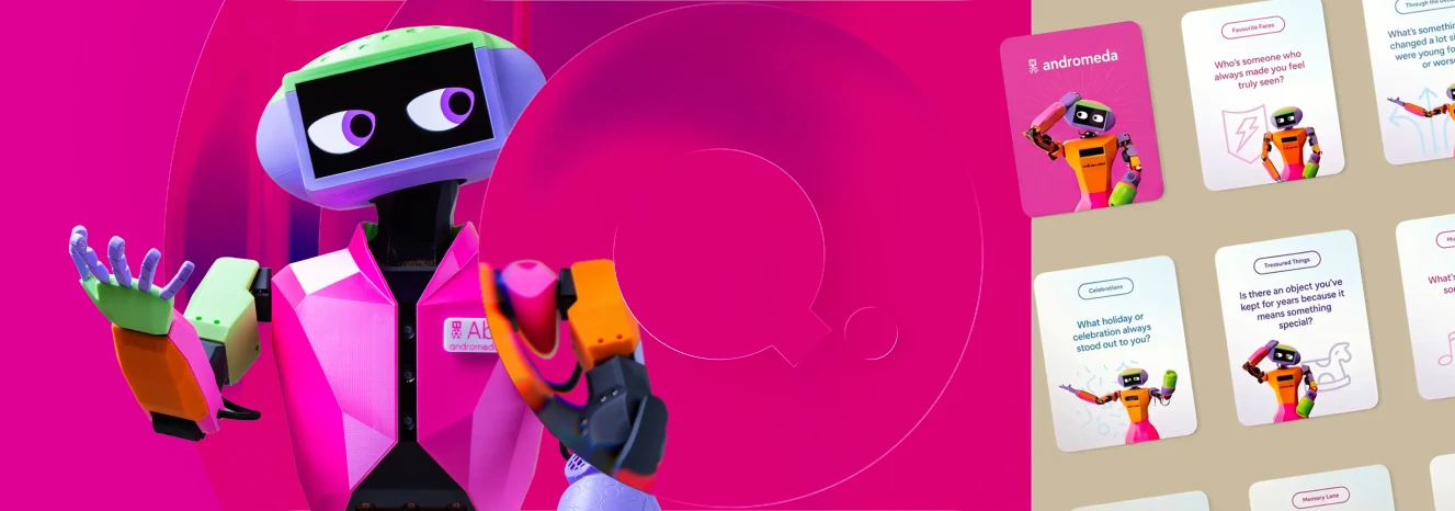 Andromeda Robotics brand and conversation cards
