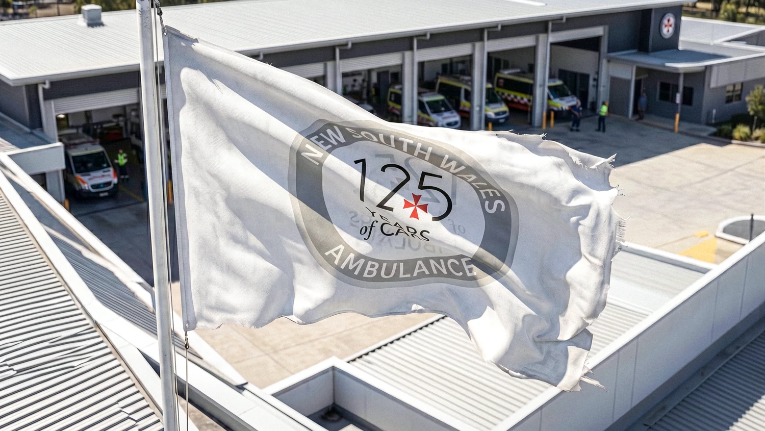 The 125 Years of Care commemorative flag flying over an NSW Ambulance station
