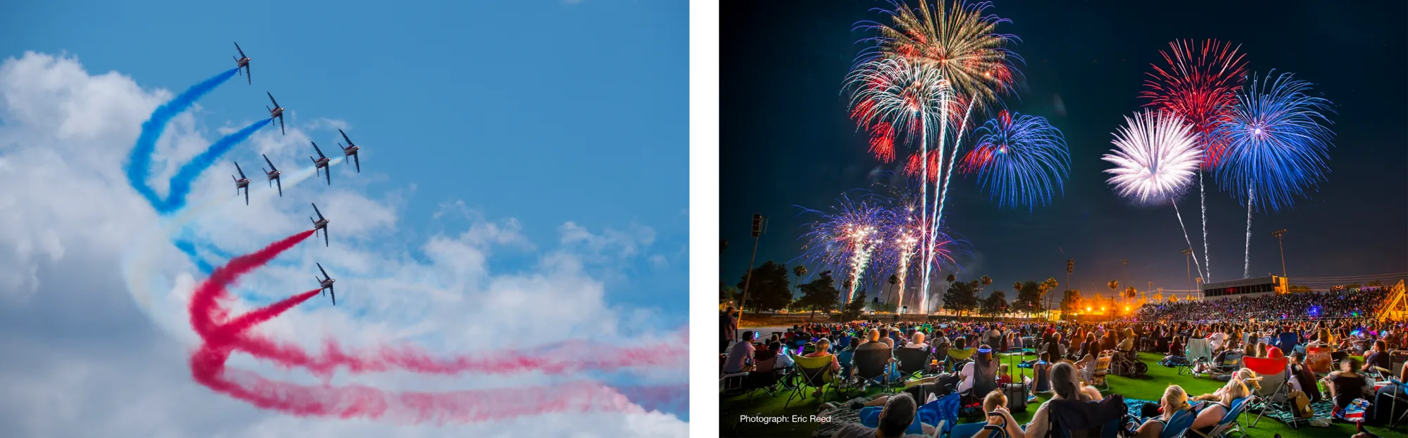 Two photos side by side: jets in formation trailing red, white and blue smoke, and fireworks bursting over a seated crowd at night.