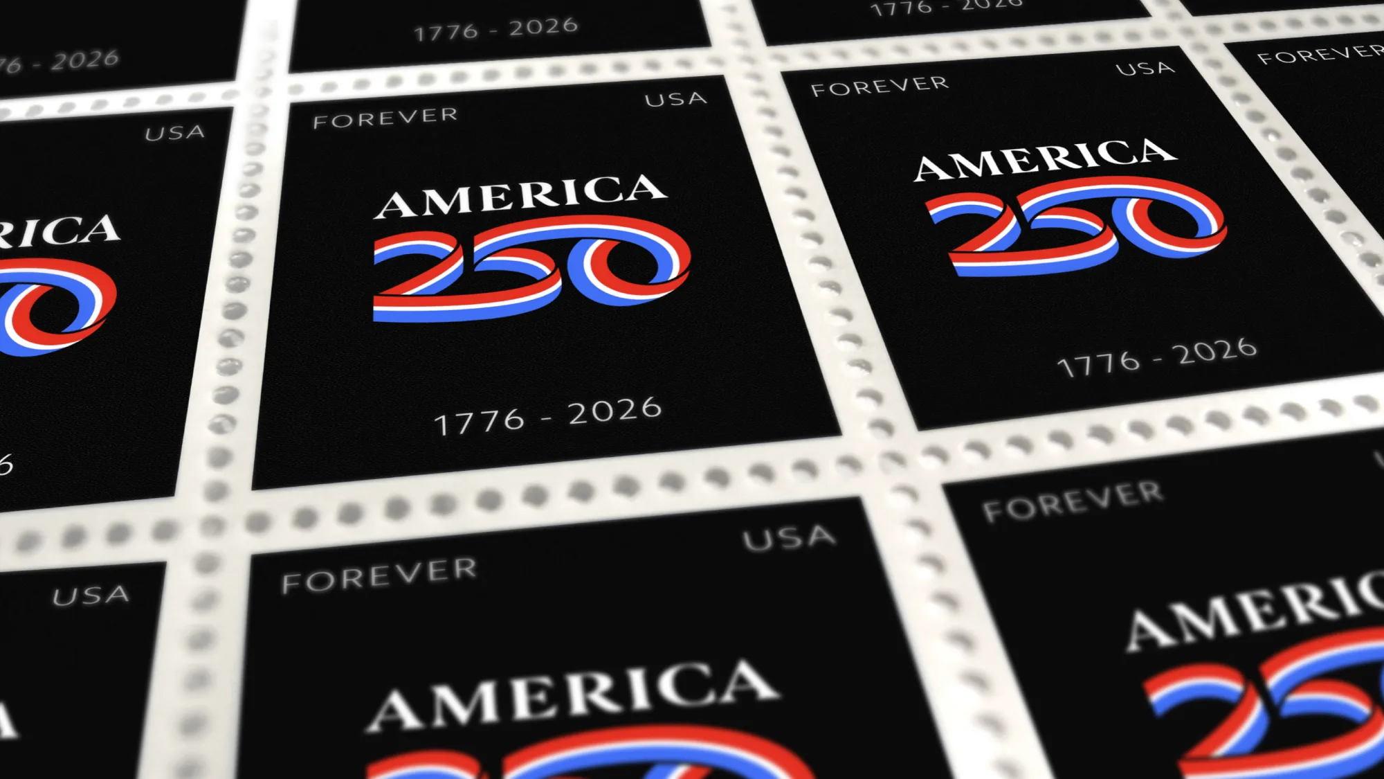 A sheet of black USA Forever stamps, each showing the word AMERICA in serif caps above a red, white and blue ribbon forming the number 250, dated 1776 to 2026.