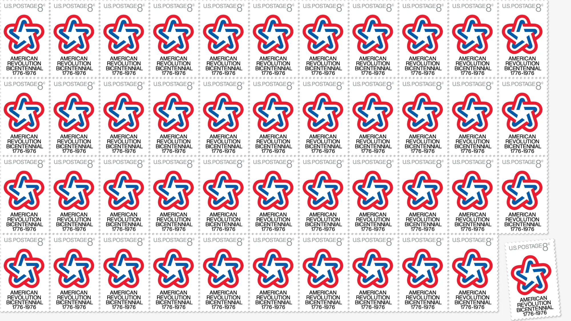 A full sheet of 1976 eight-cent US stamps reading American Revolution Bicentennial 1776-1976, each with a red, white and blue ribbon folded into a five-pointed star.