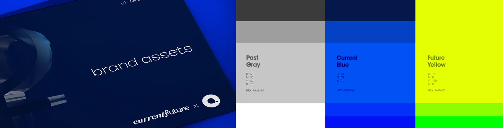 A brand colour sheet labelled Past Gray, Current Blue and Future Yellow, beside a dark Current Future brand-assets cover.