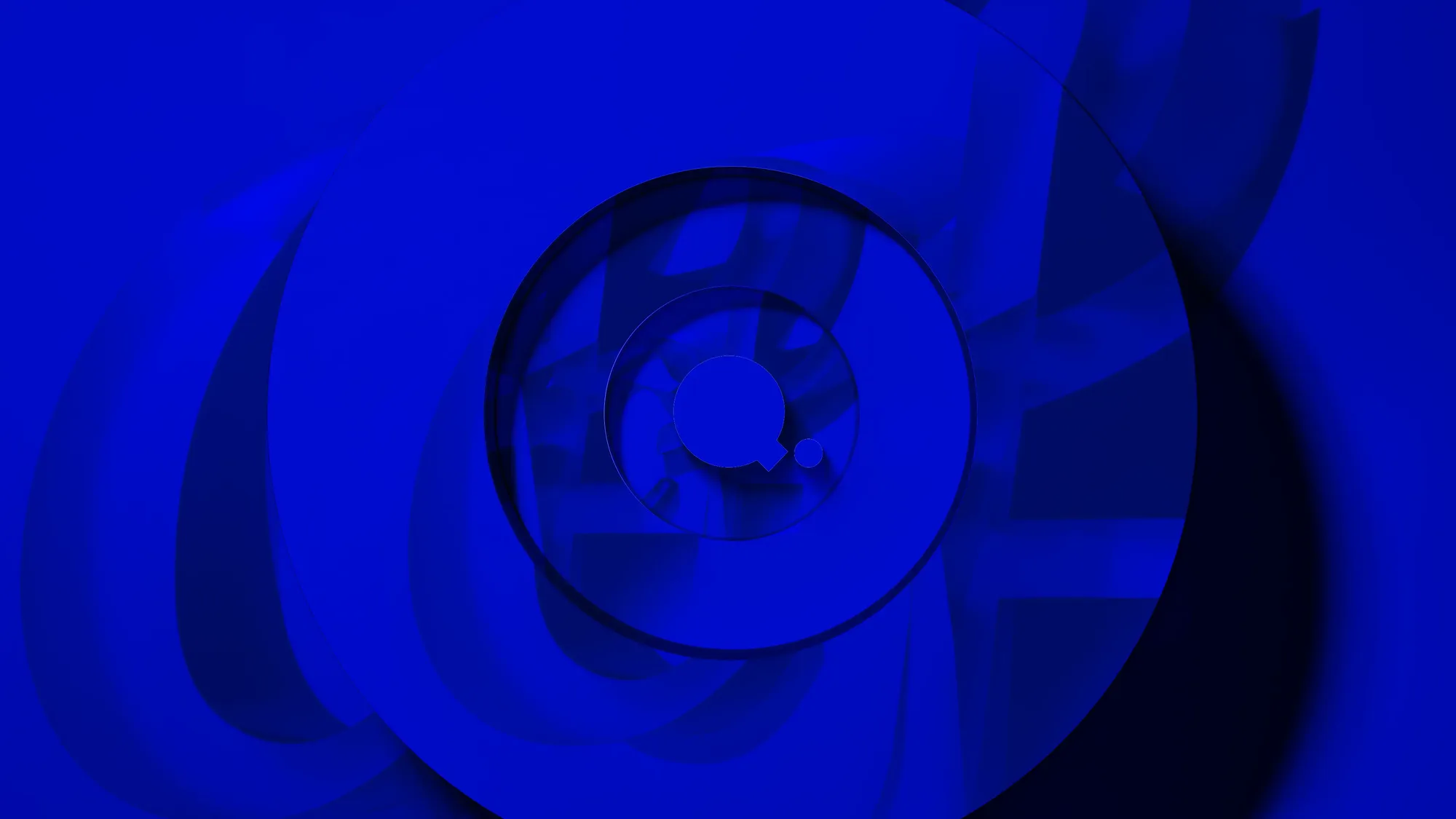 An abstract field of deep cobalt-blue discs and ribbons with the small Qualls Q gem at the centre.