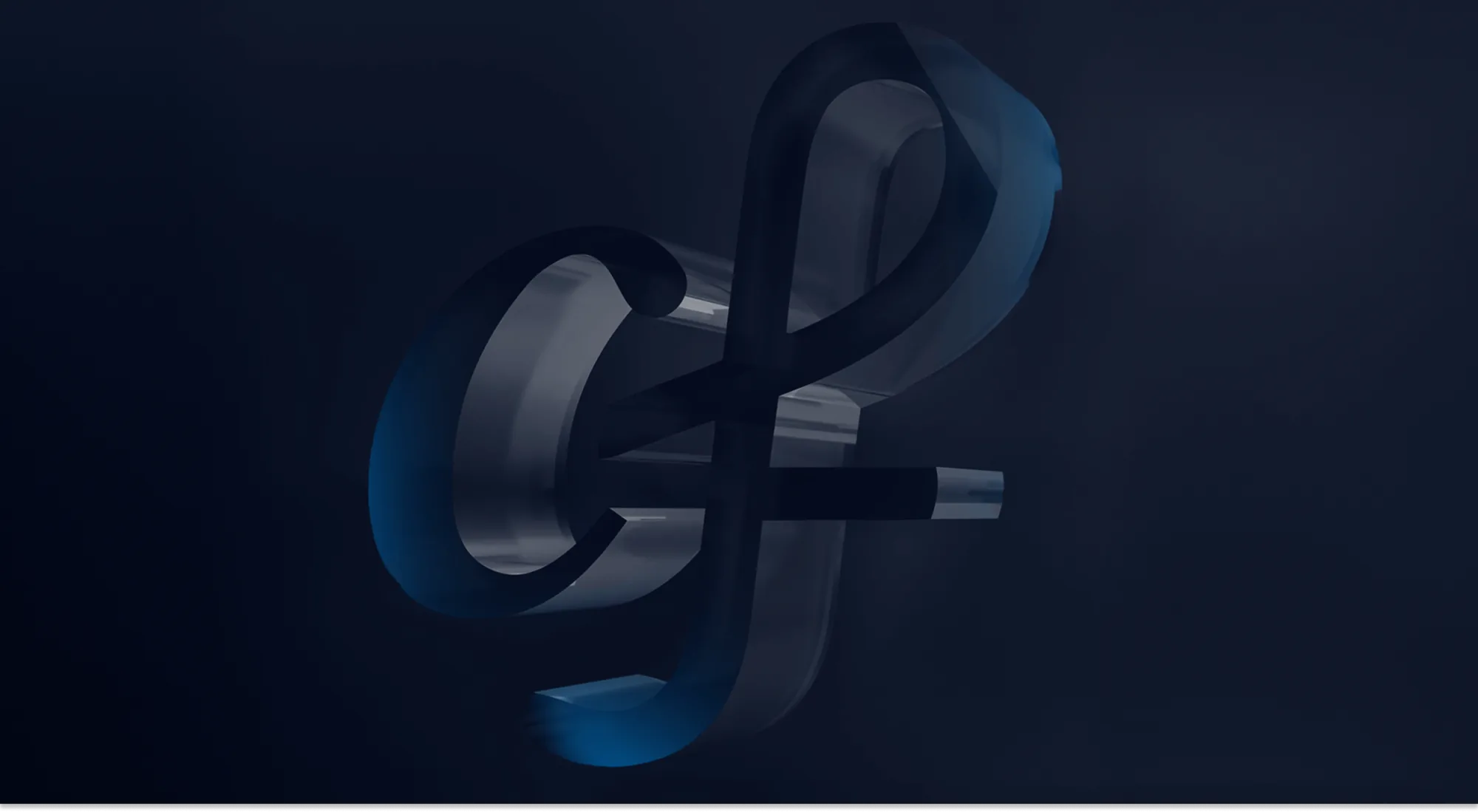 A dark, glassy three-dimensional render of the Current Future cf monogram on near-black.