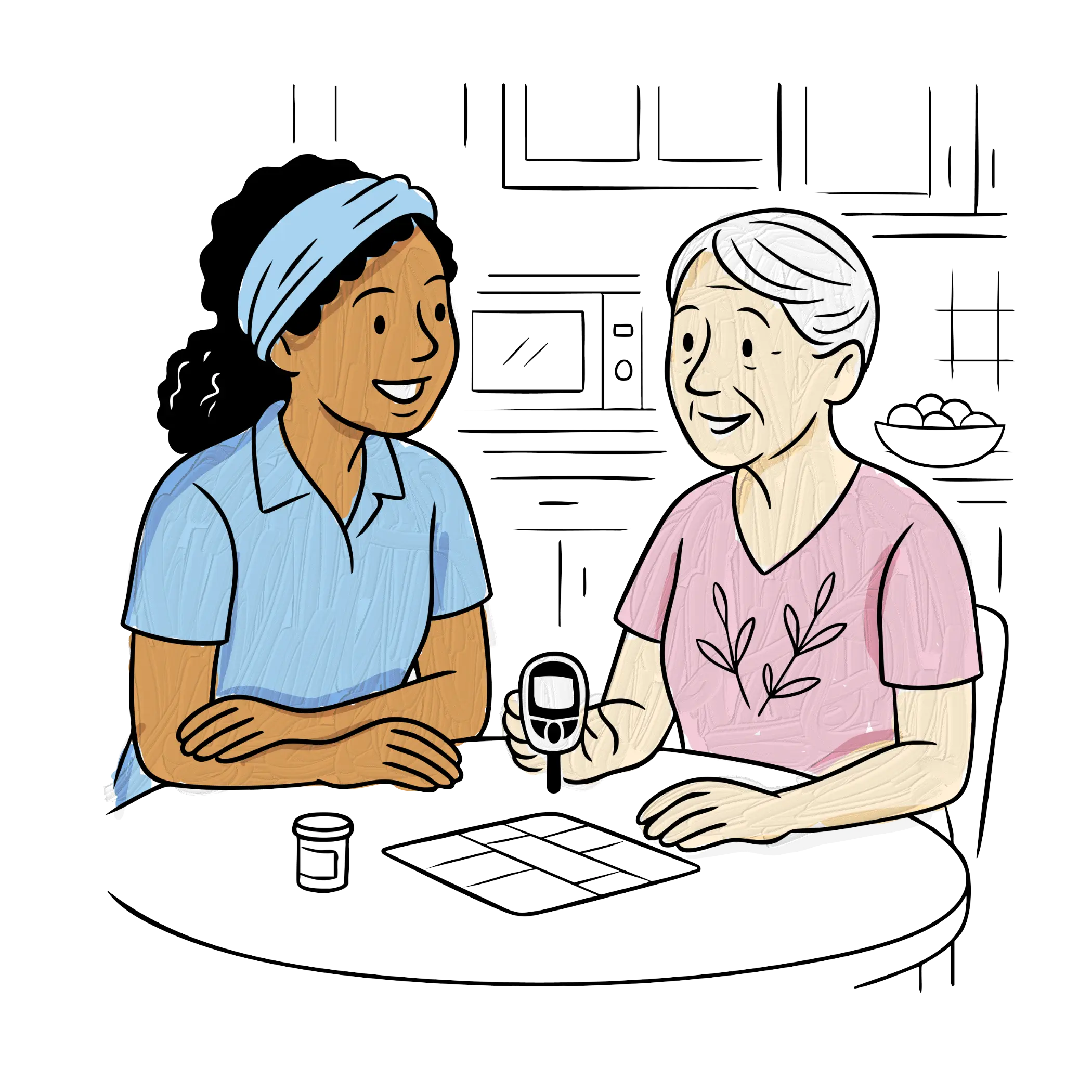 Hand-drawn District Nurses illustration: a nurse sits at the kitchen table with an older woman, helping her check her blood sugar