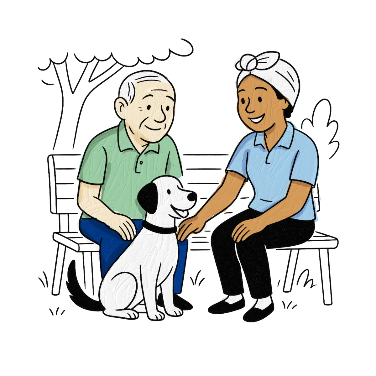 Hand-drawn scene of a carer and an older man with a dog on a park bench
