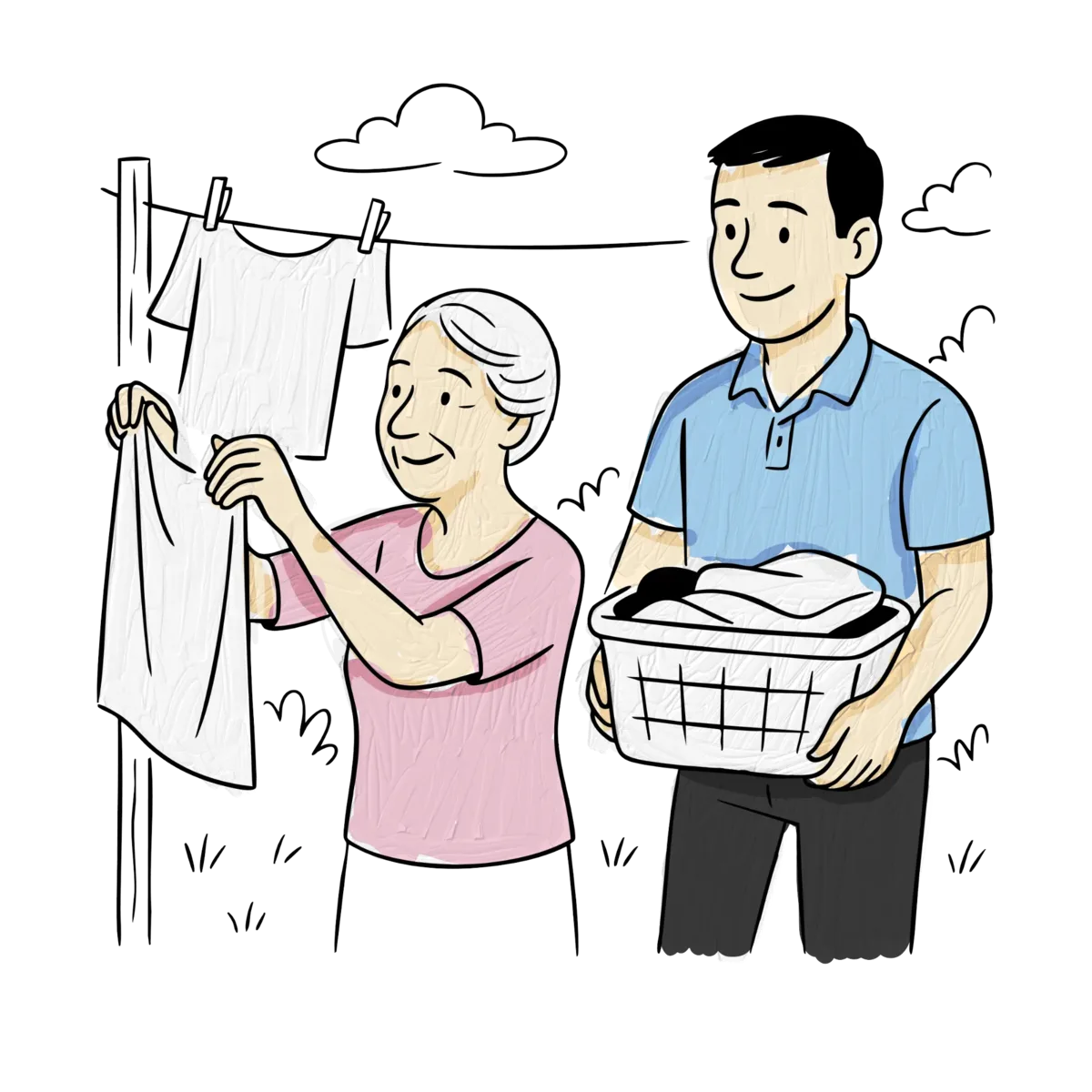 Hand-drawn scene of a District Nurses carer helping with the washing on the line