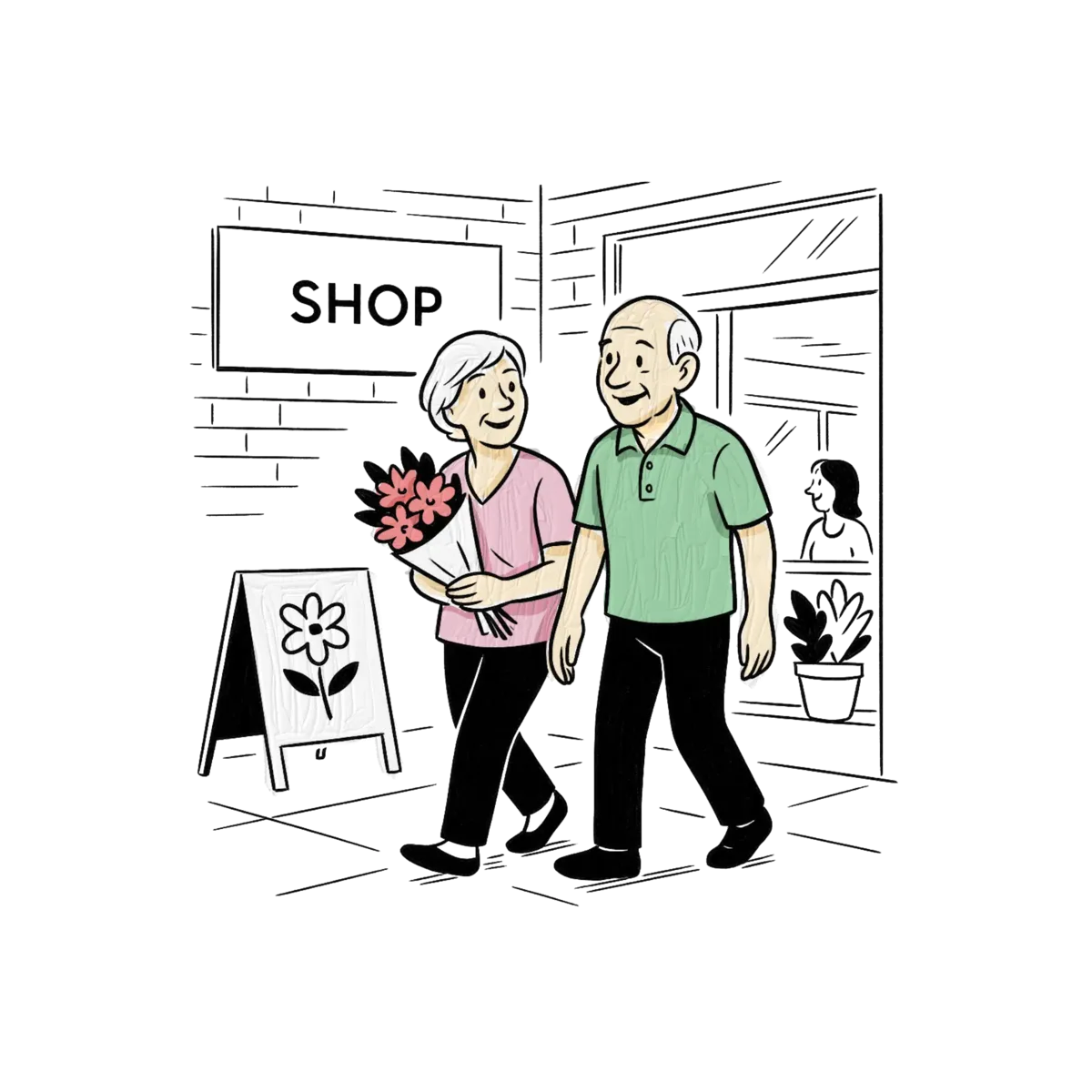 Hand-drawn scene of an older couple walking out of a shop with flowers