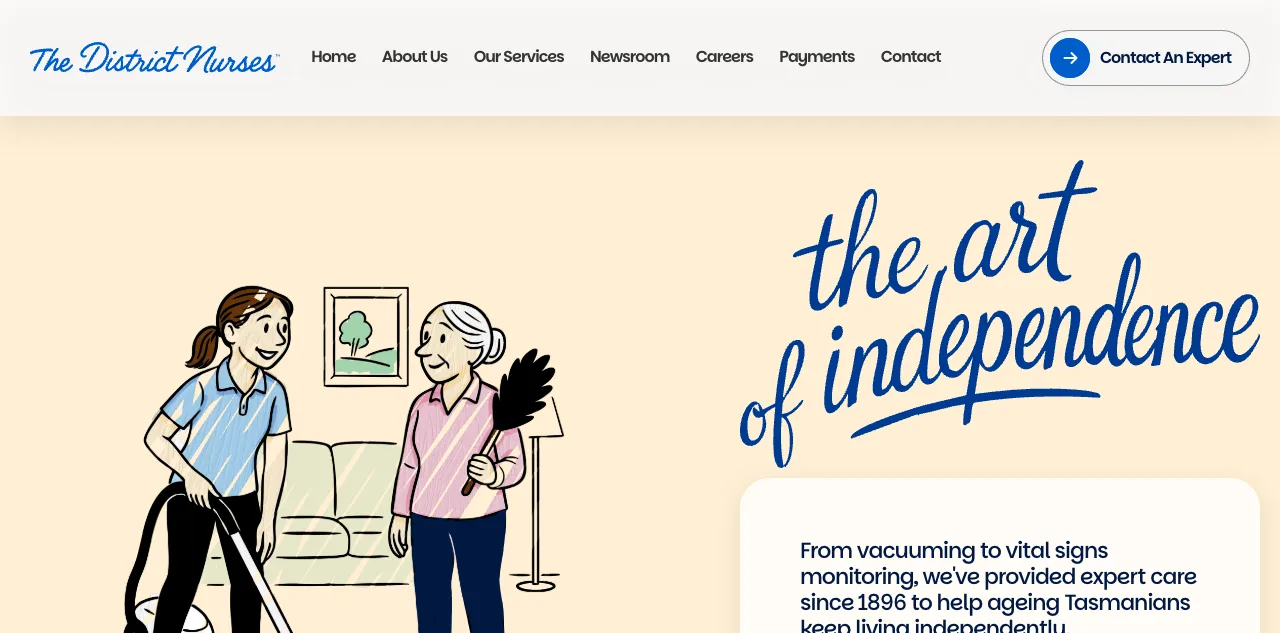 The new District Nurses homepage with the campaign line: the art of independence