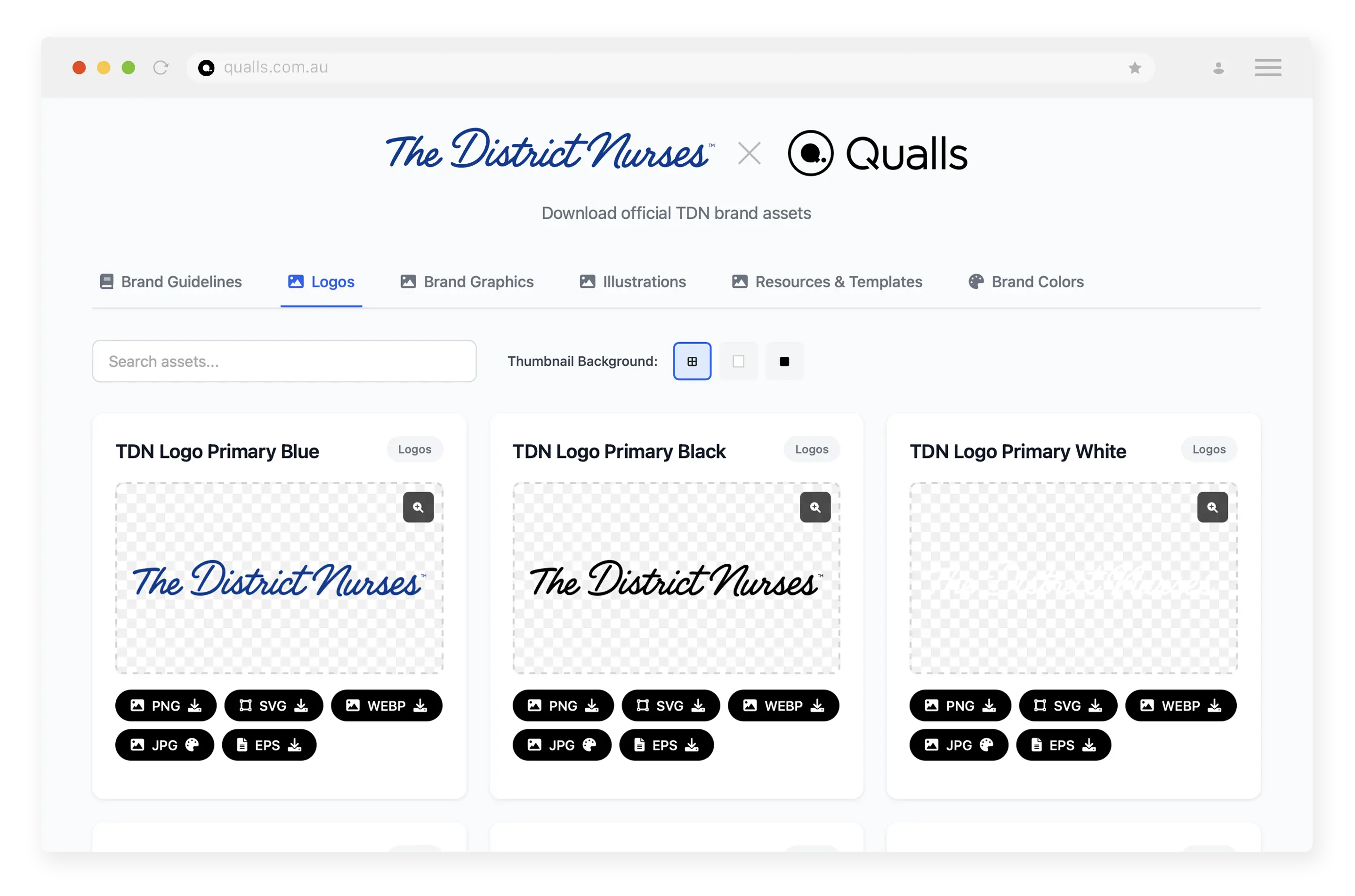 The District Nurses brand hub in the browser, showing the revised logo library